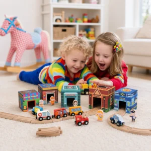Wooden Train Tracks Car Toys Set for Toddlers - City Railway Adventure